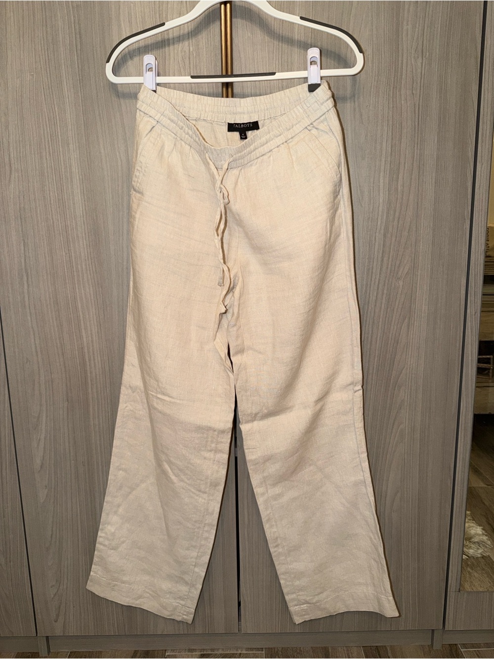 Talbots Cream Drawstring Linen-Blend Wide-Leg Pants